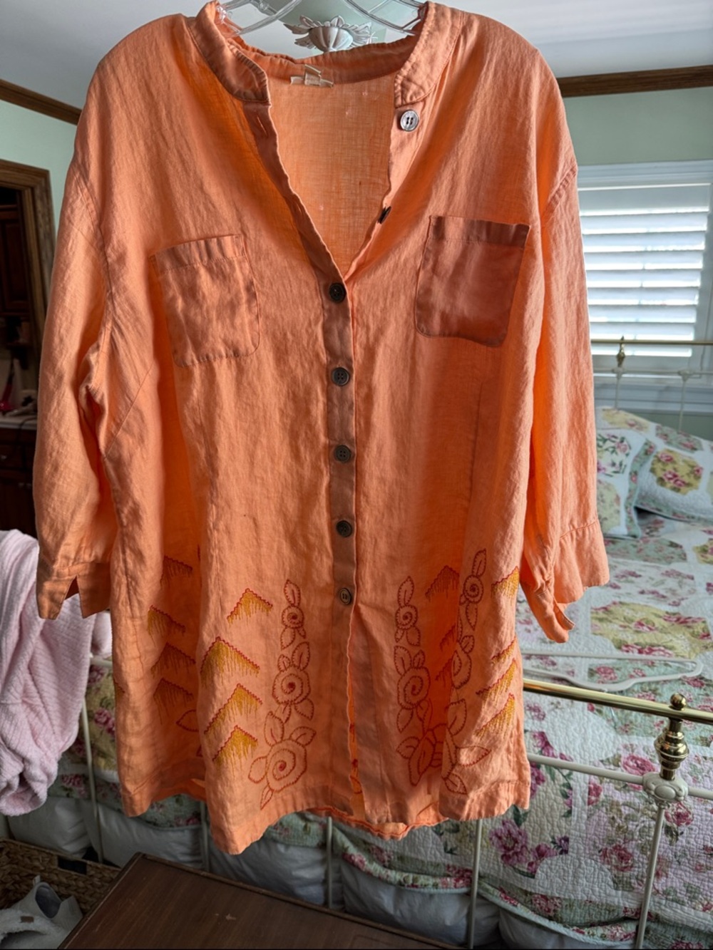 J. Jill Orange Embroidered Button-Front Tunic
